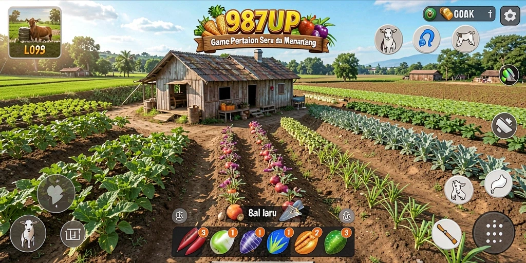Screenshot gameplay 987UP menampilkan aktivitas bertani yang seru.