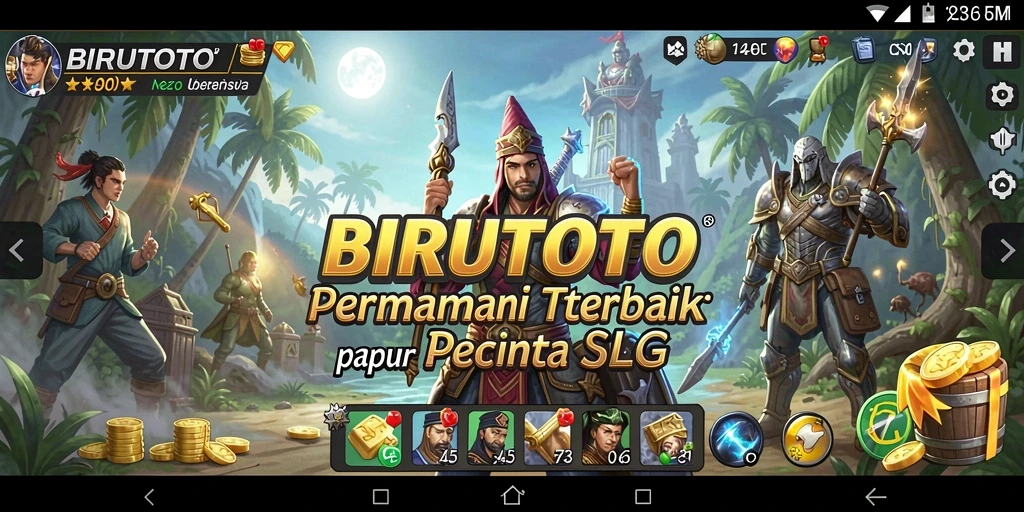 Screenshot gameplay BIRUTOTO menampilkan pertempuran seru dan manajemen kerajaan.