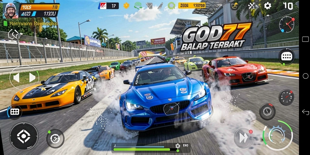 Screenshot menampilkan aksi balapan mendebarkan di GOD77.