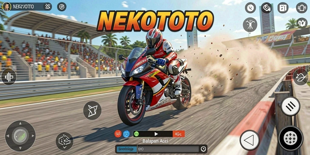 Tangkapan layar dari gameplay NEKOTOTO yang menampilkan balapan motor yang mendebarkan.