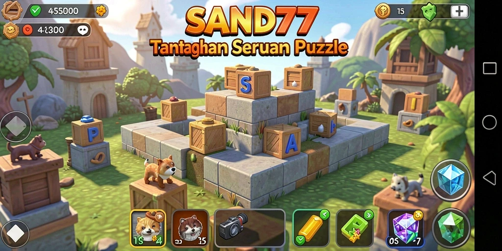 Tampilan gameplay SAND77 dengan berbagai teka-teki menarik.
