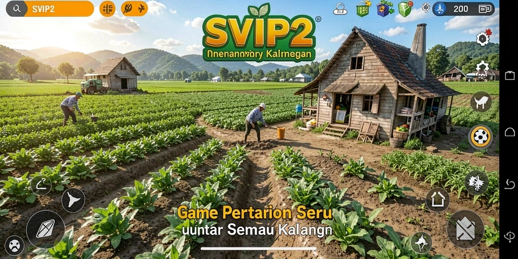 Screenshot gameplay SVIP2 menampilkan kebun yang subur dan aktivitas bertani.