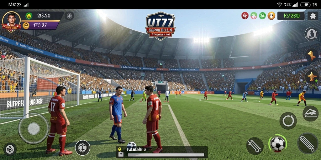 Tampilan screenshot UT77 menampilkan aksi seru di lapangan sepak bola.